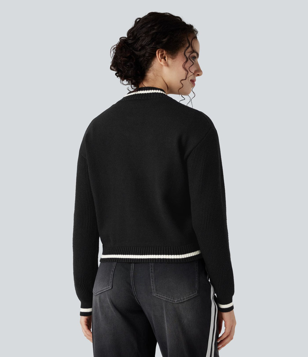 Cardigan color block col rond manches longues