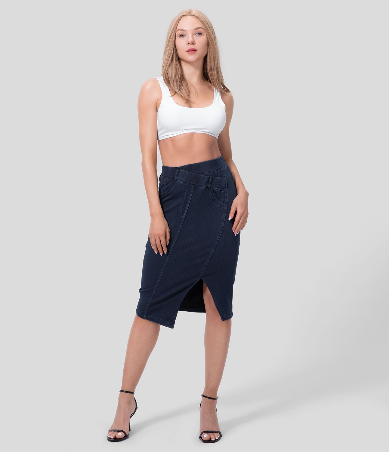 Halara Flex™ Jupe Midi Casual Taille Haute avec Ourlet Fendu en Denim Tricoté Élastique