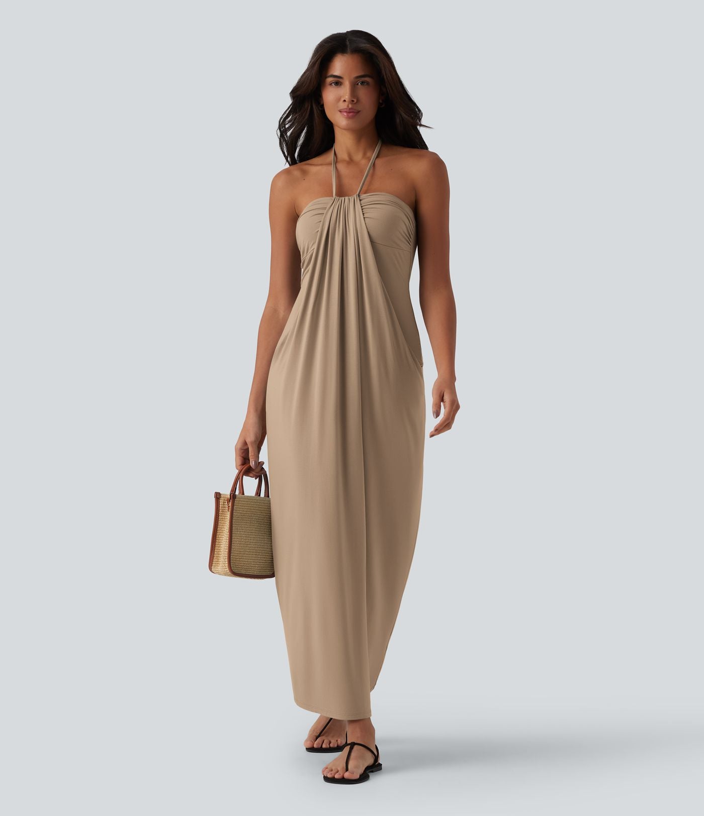 Robe longue dos nu col licou avec nœud et poches