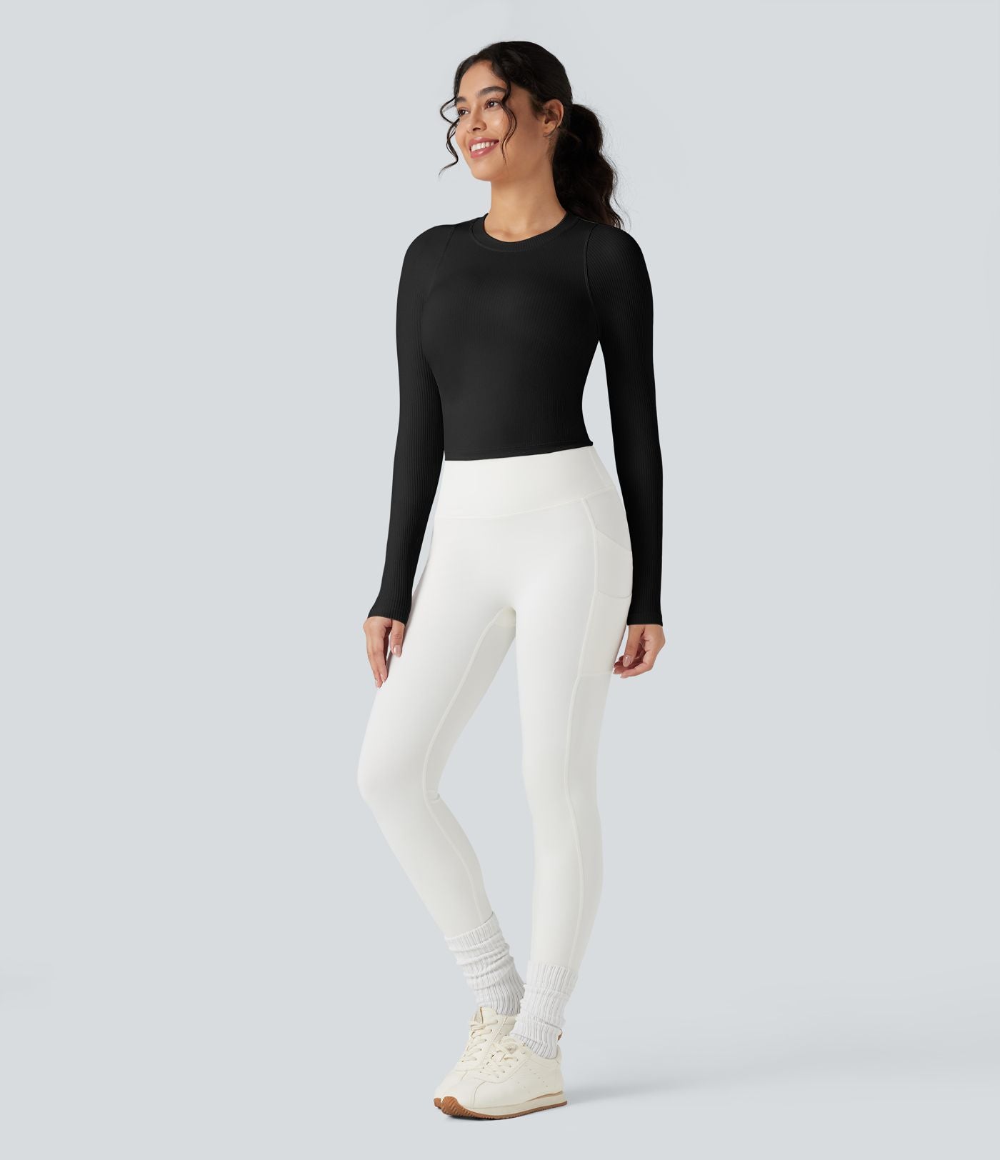 Top de sport yoga ajusté côtelé maille col rond manches longues