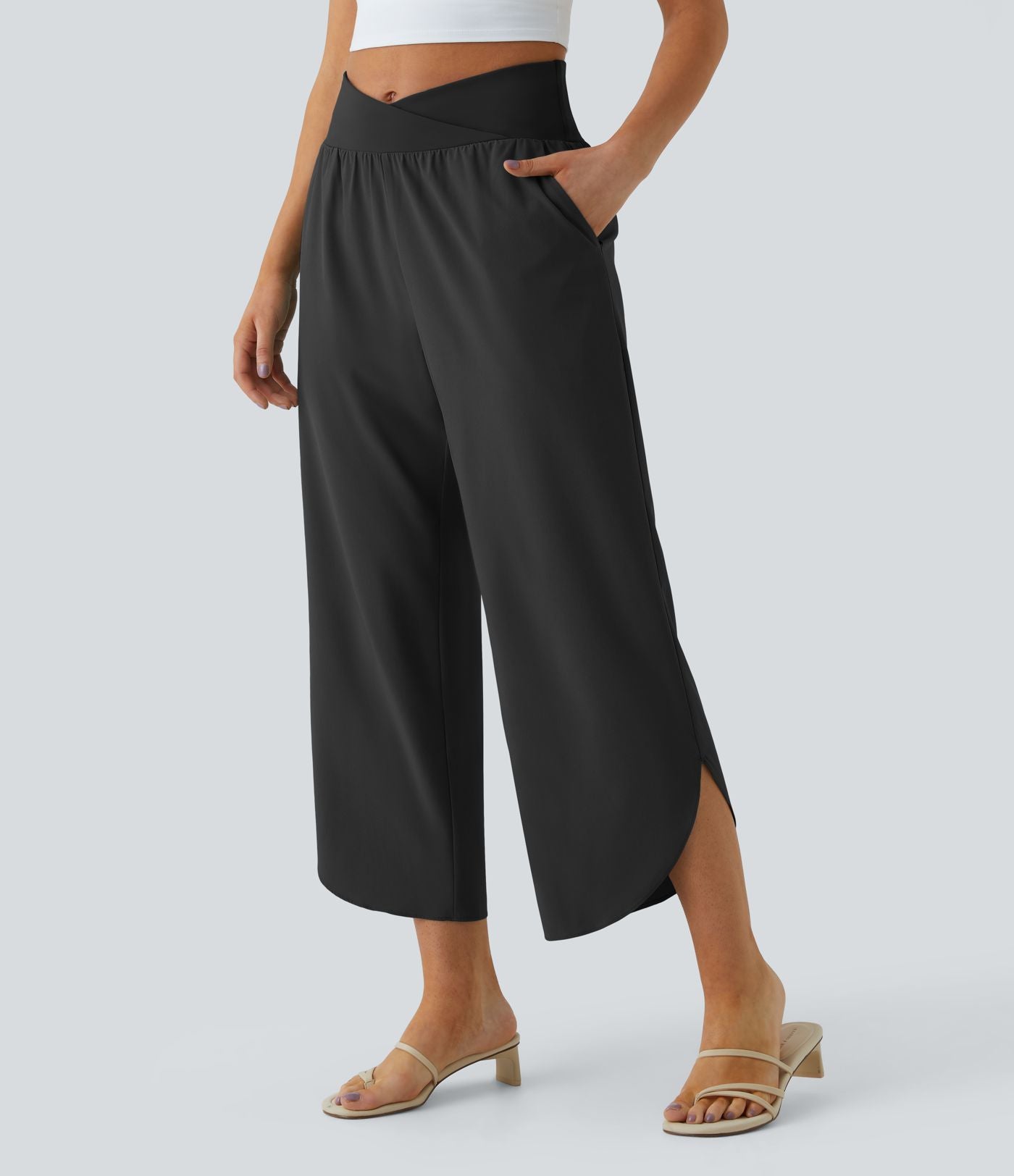 Breezeful™ Pantalon Fluide Vacances Séchage Rapide Taille Haute Croisée Poches Latérales Plissées Fente