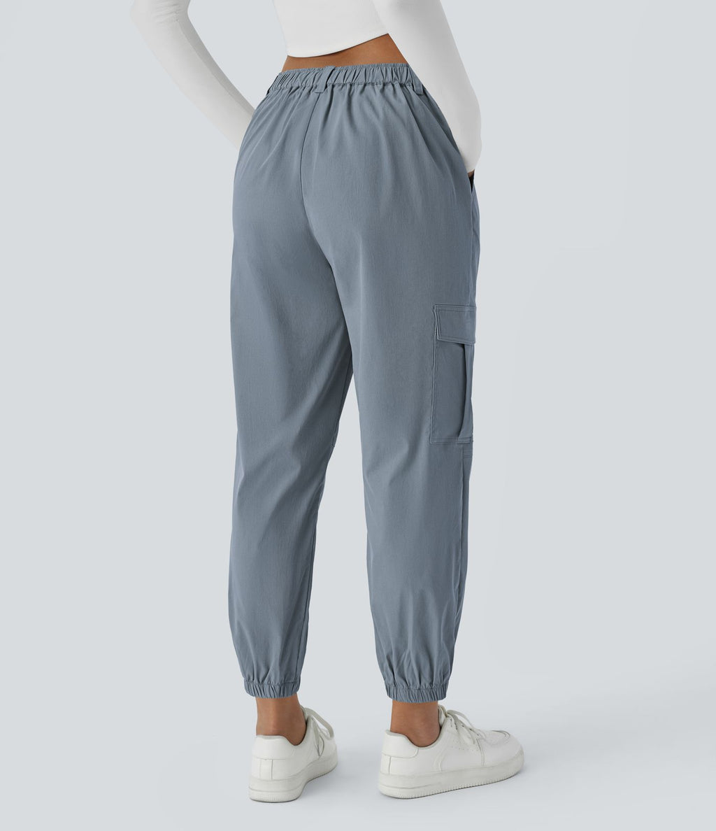 Jogging cargo décontracté taille moyenne à bouton, fermeture éclair, plis et poches multiples