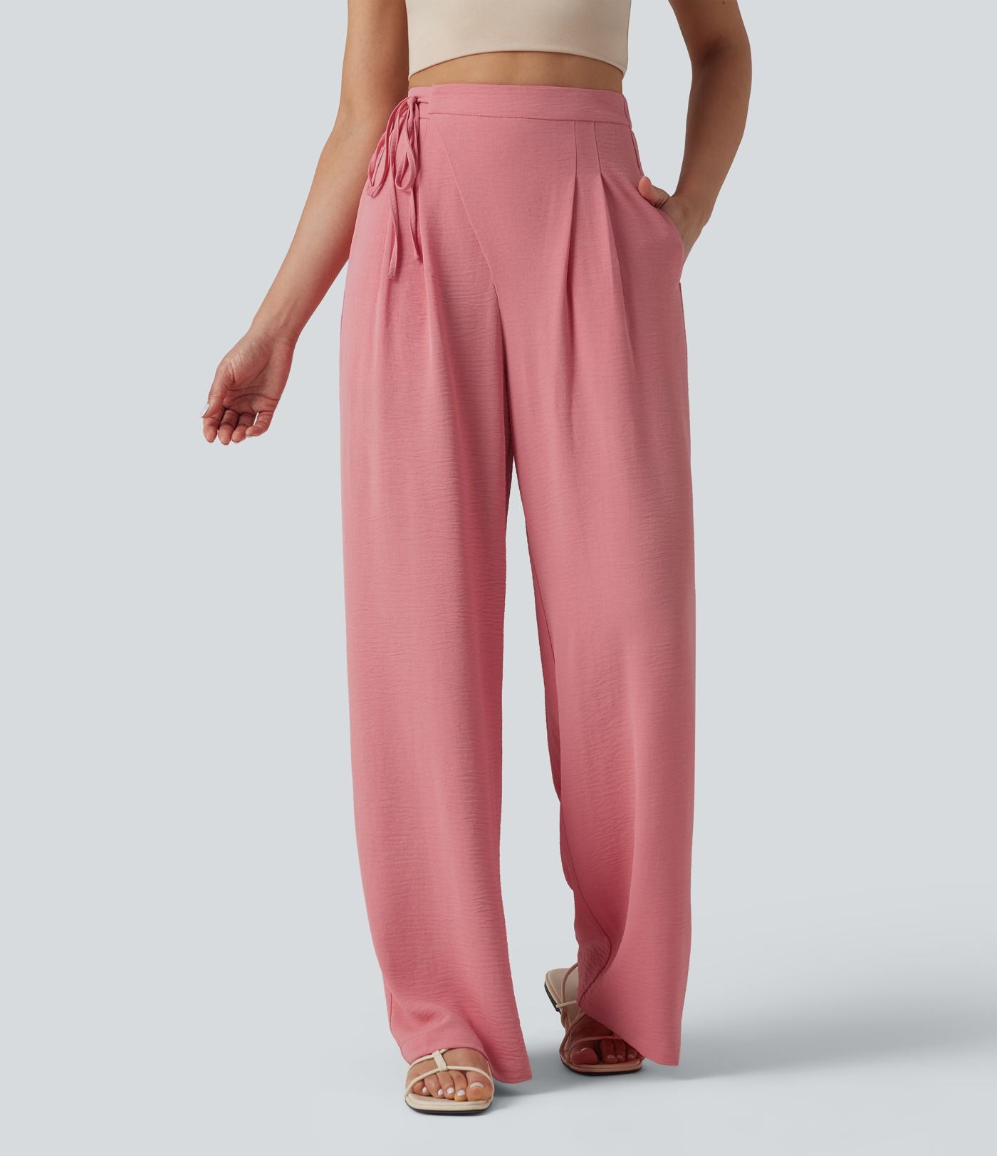 Pantalon détente  effet lin taille haute, cordon latéral avec poches