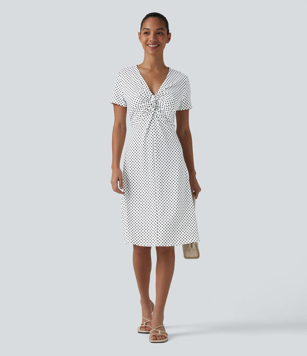Robe casual à col V, manches courtes et imprimé à pois longueur genou