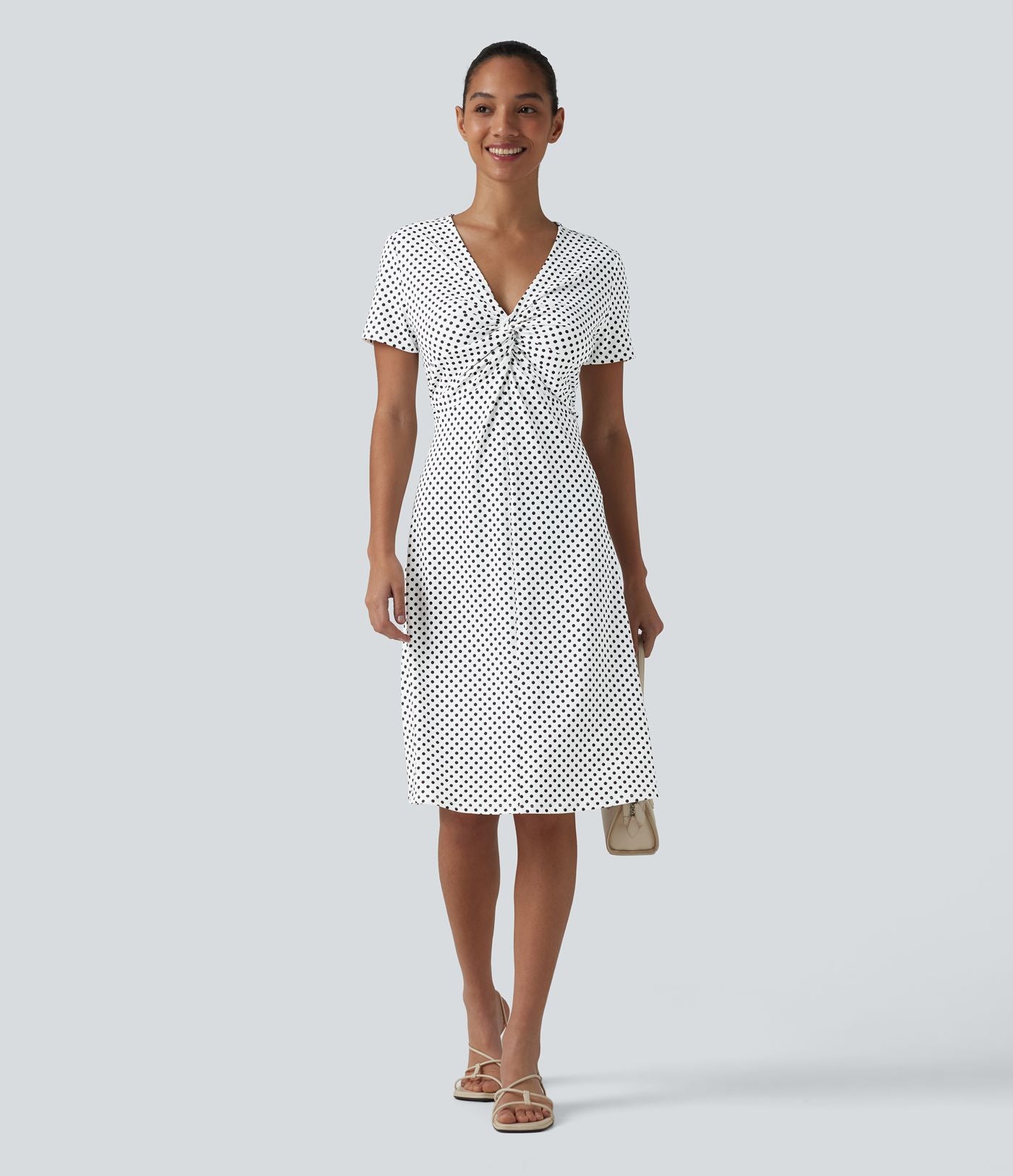 Robe casual à col V, manches courtes et imprimé à pois longueur genou