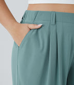 Breezeful™ Pantalon Évasé Palazzo Grande Taille Casual Taille Haute avec Plis Poche Latérale Fluide Uni et Séchage Rapide