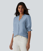 Blouse décontractée à col en V et manches courtes bouffantes