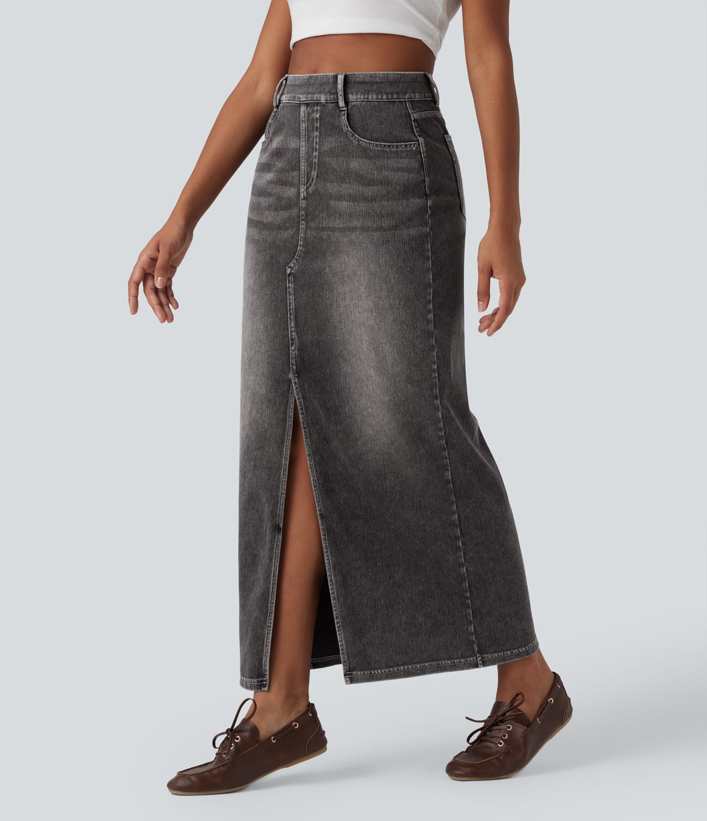 Jupe longue droite en denim délavé Halara Flex™ taille haute avec poches