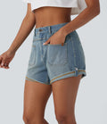 Short décontracté en jean extensible délavé Halara Flex™ taille moyenne avec revers et poches avant