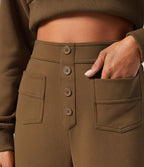 Pantalon Jogging en Fleece Thermique Jambe Droite Boutons Taille Haute Plusieurs Poches