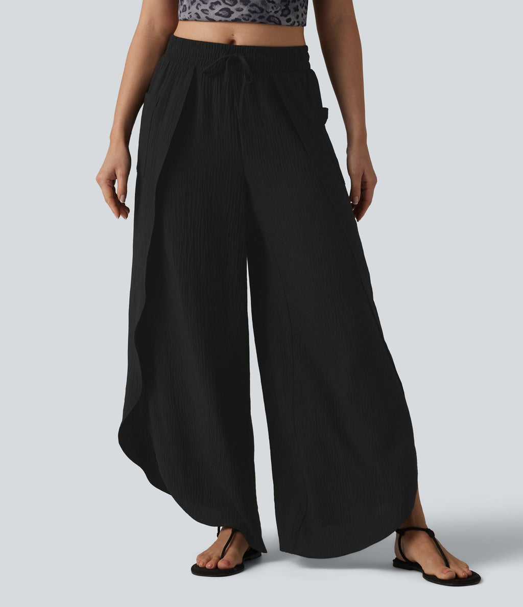 Pantalon ample décontracté à taille mi-haute, fentes, aspect lin, cordon de serrage et poches