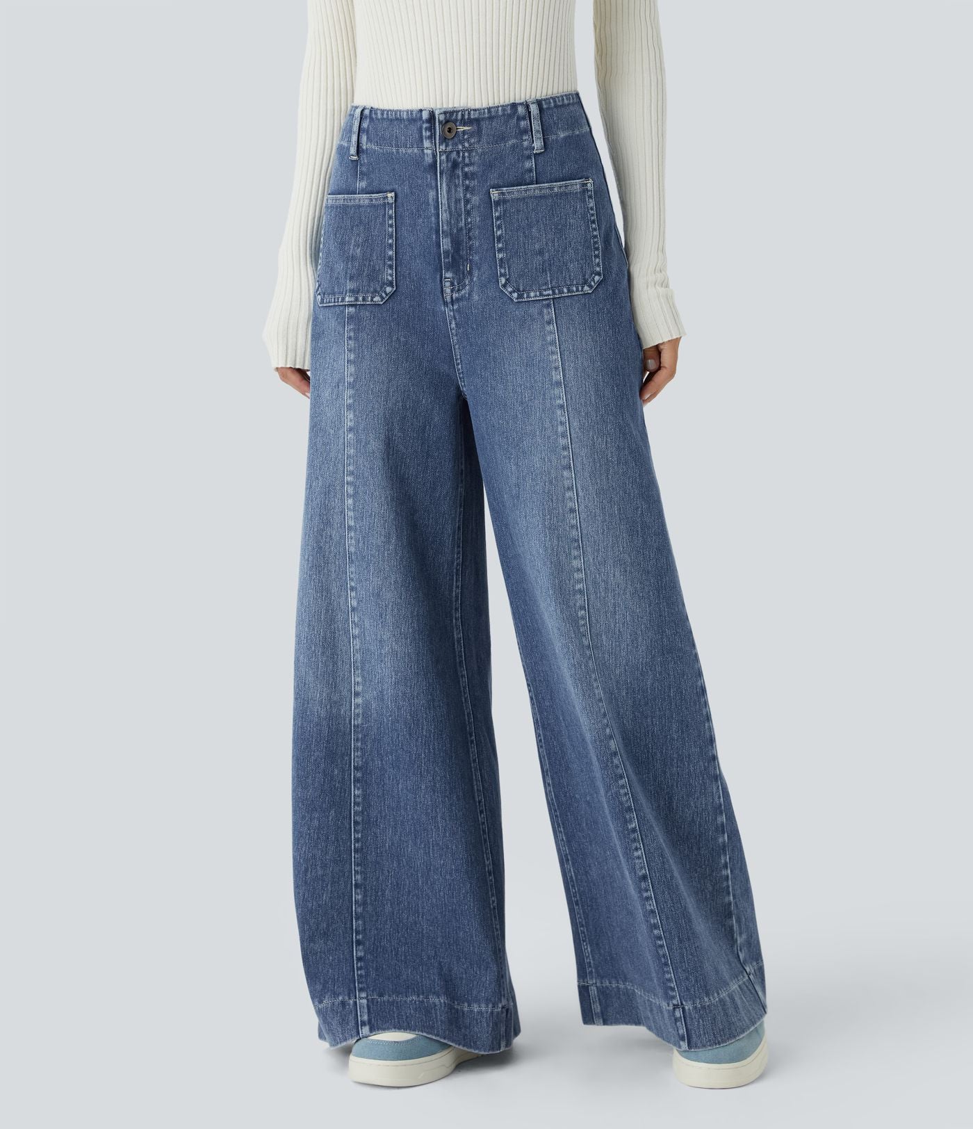 Halara Flex™ Jean large Palazzo et Taille Haute avec Poches Avant en Tricot Extensible Lavé