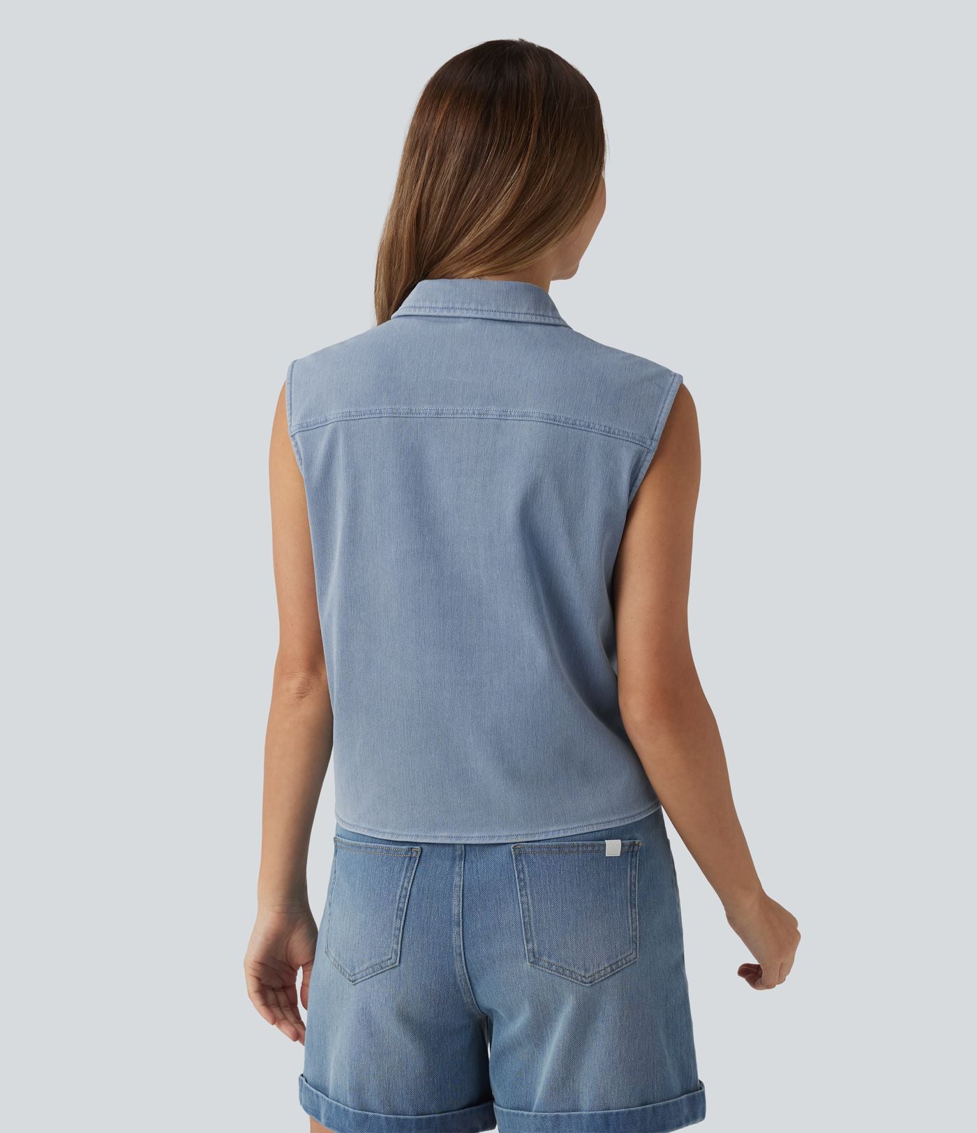 Halara Flex™ Chemise décontractée en denim sans manches à nouer sur le devant avec poche