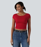 T-shirt court col bateau manches courtes avec fronces et brassière intégrée