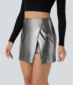 Mini-jupe moulante 2-en-1 SoftlyZero™ taille haute en simili, ourlet, effet sparkle métalisé, extensible avec poches