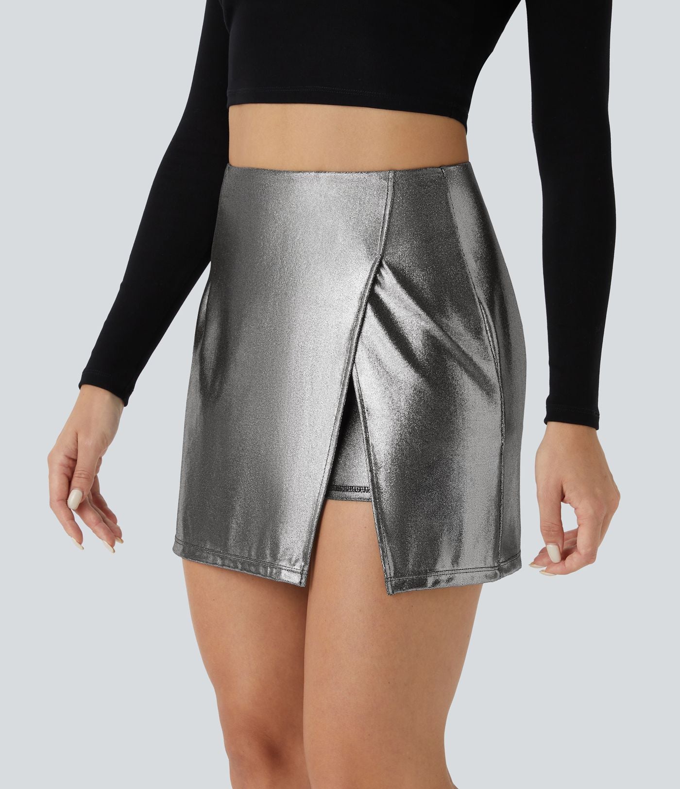 Softlyzero™ Jupe Soirée Mini à Effet Cuir Taille Haute Ourlet Fendu 2-en-1 Poche Côté Imprimé Métallisé Élastique Moulante