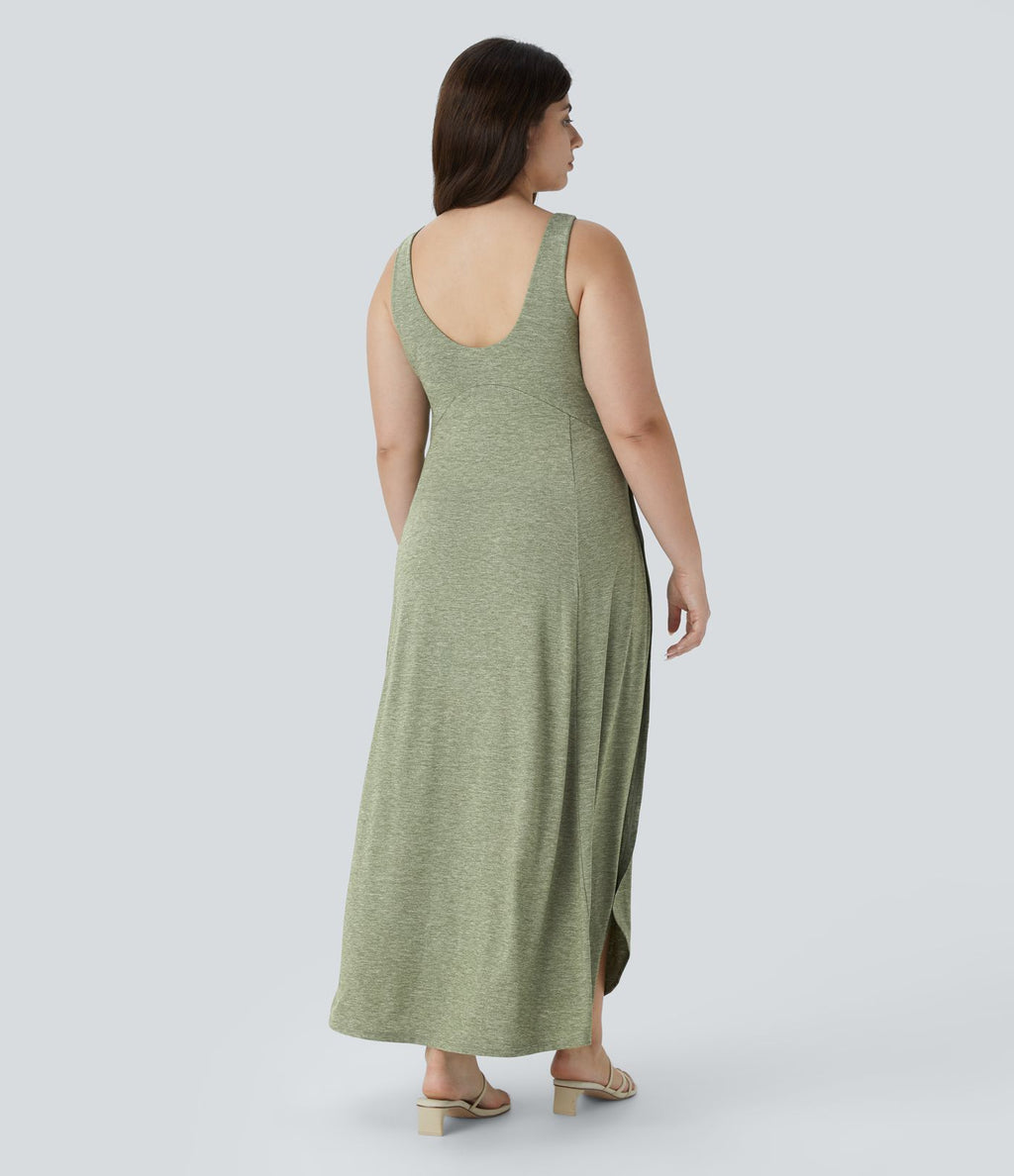 Robe Maxi Casual Grande Taille à Col U Sans Dos Fendue et Fluide