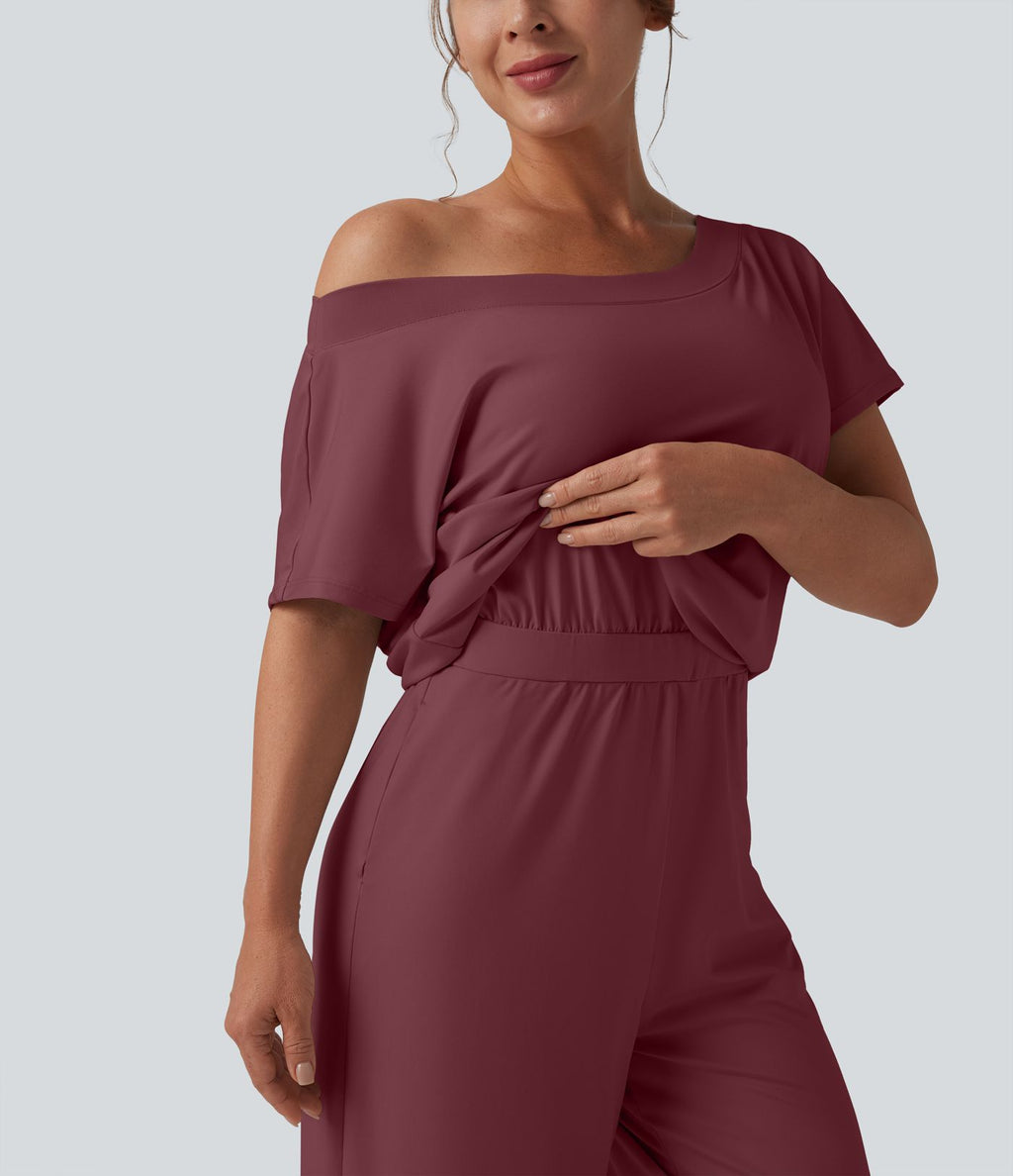 Combinaison casual asymétrique manches courtes avec poches et fente - Easy Peasy