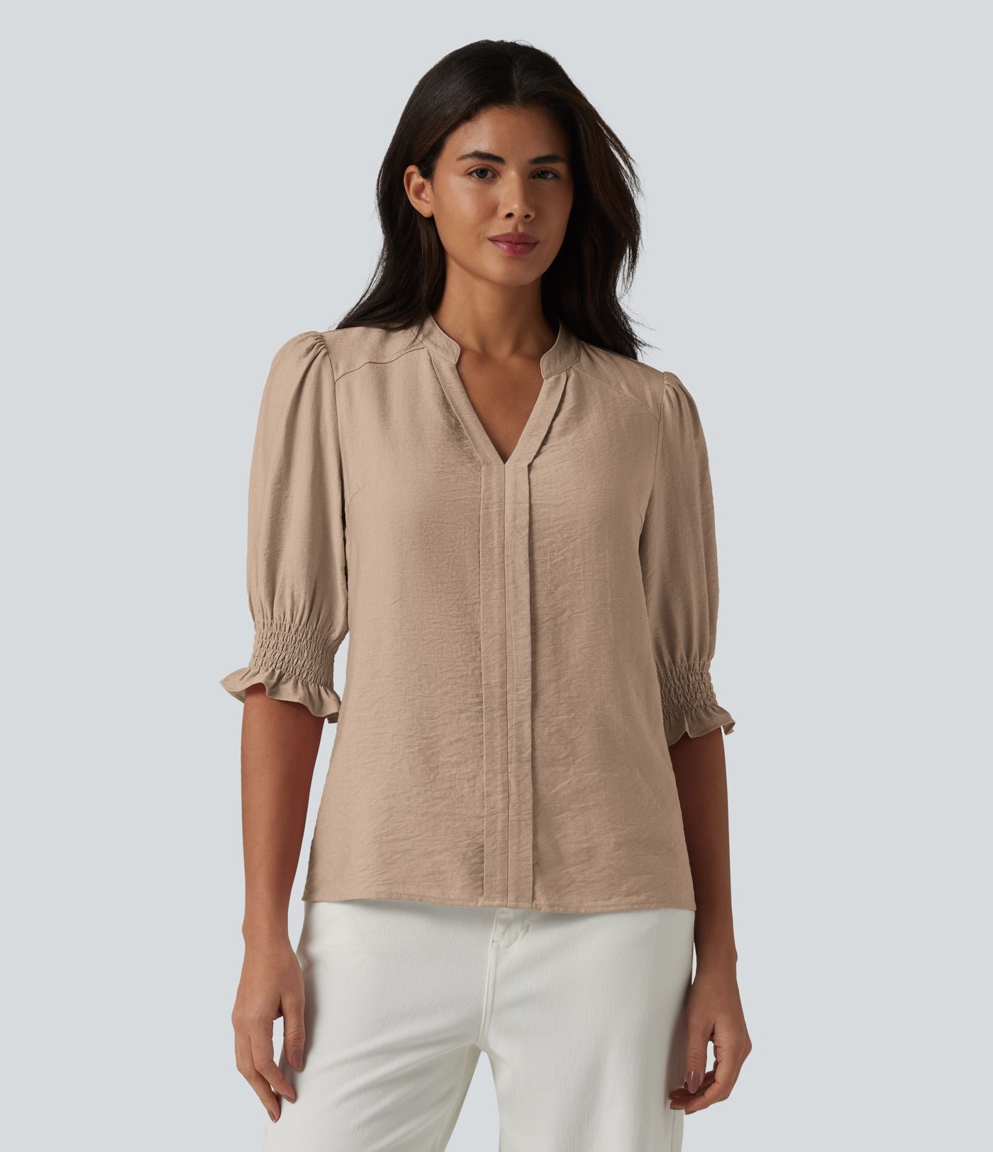 Blouse décontractée à col en V et manches courtes bouffantes