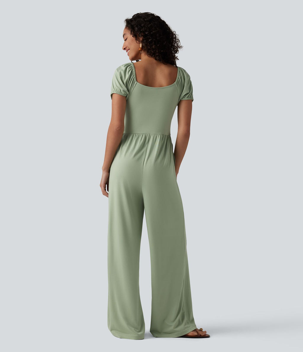Combinaison-pantalon corset à manches courtes bouffantes et col en V, avec coussinets non amovibles et poches