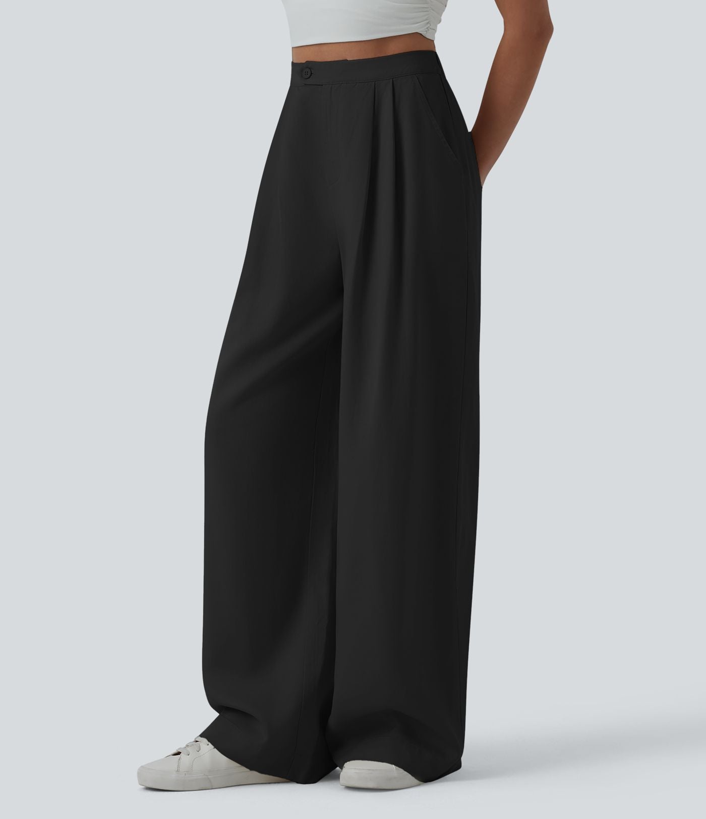 Pantalon large fluide casual taille haute plissé drapé en lin avec poches