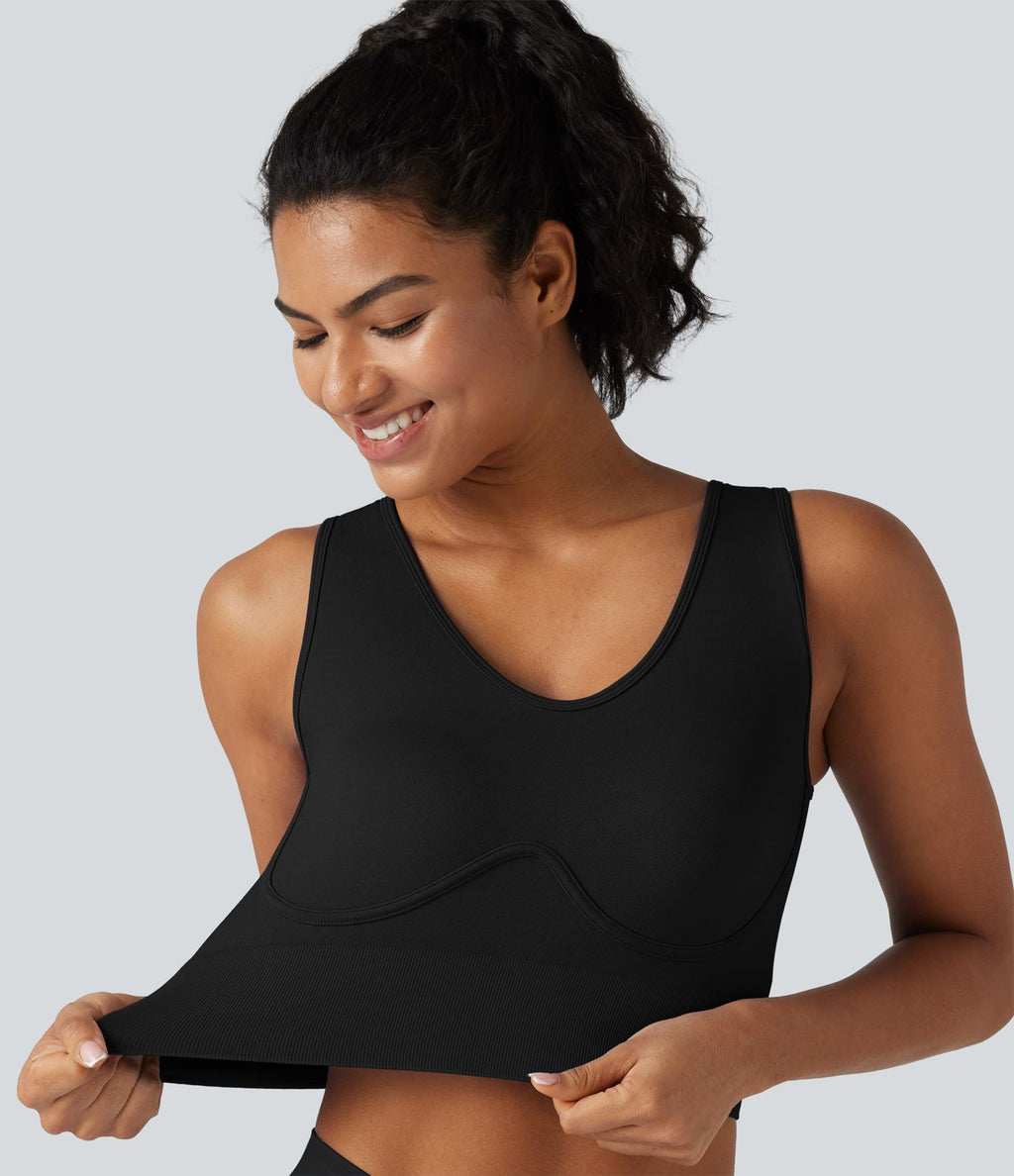 OneForm Seamless Flow Débardeur de yoga court col V avec brassière intégrée et laçage