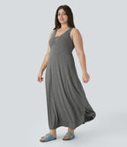 Robe Maxi Casual Grande Taille à Col U Sans Dos Fendue et Fluide