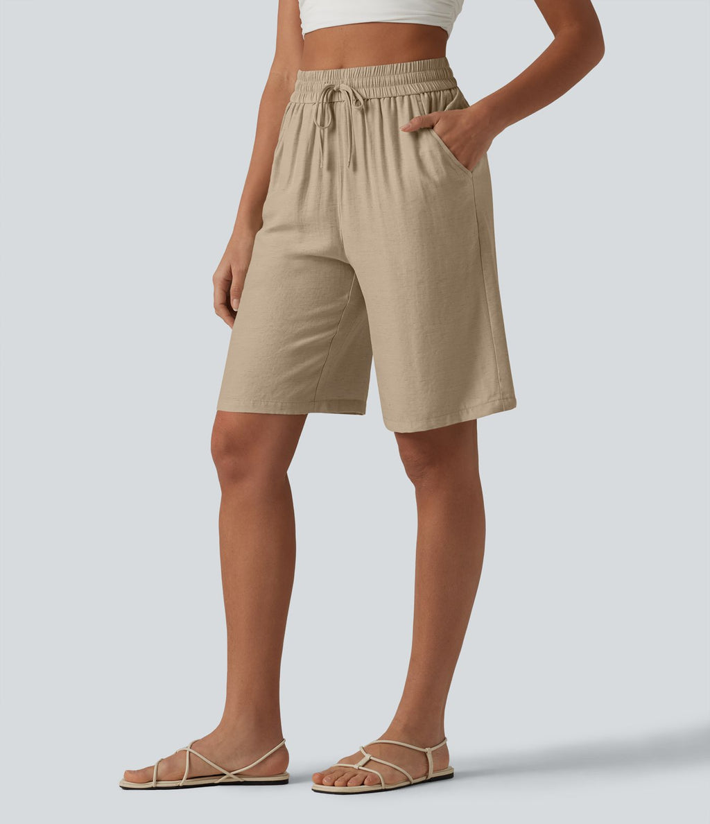 Short décontracté taille haute en lin mélangé avec cordon de serrage et poches, 25 cm