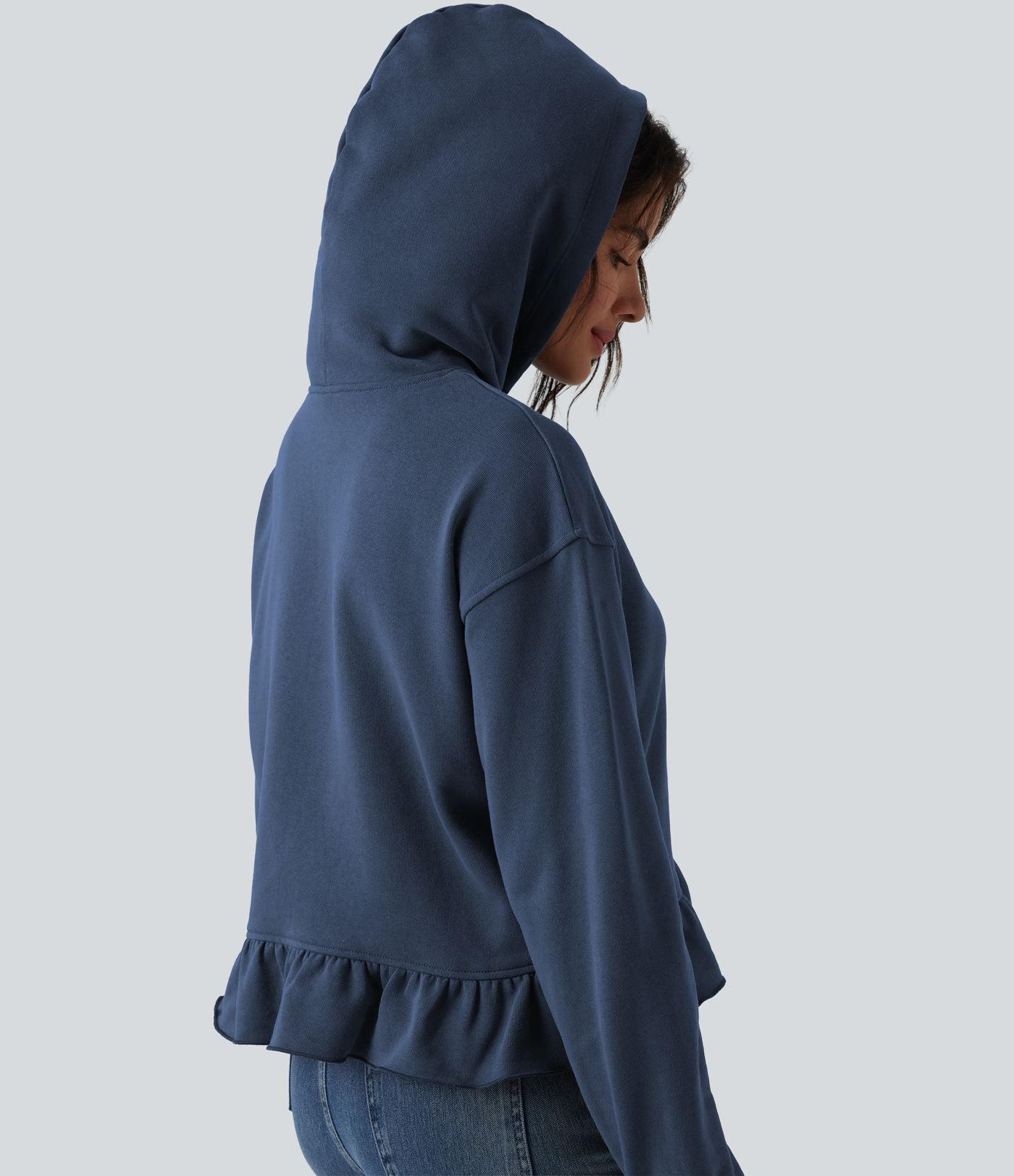 Sweat-shirt décontracté en coton à capuche avec cordon de serrage manches longues ourlet à volants