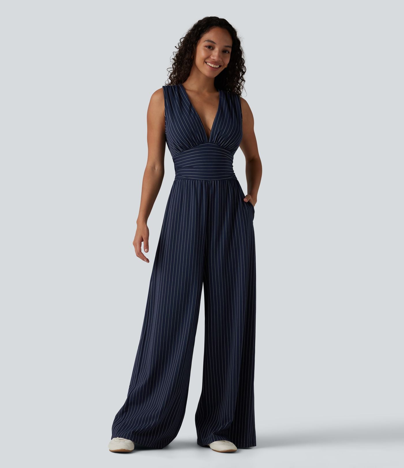 Combinaison tailleur col V sans manches à rayures et fronces avec poches - Easy Peasy