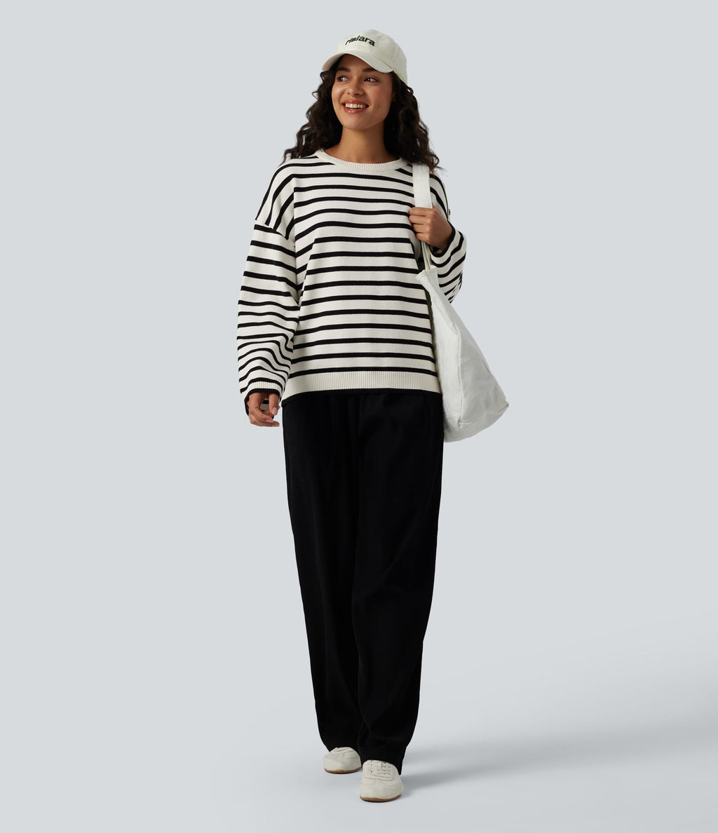 Pull casual à rayures col rond, manches longues et boutons décoratifs