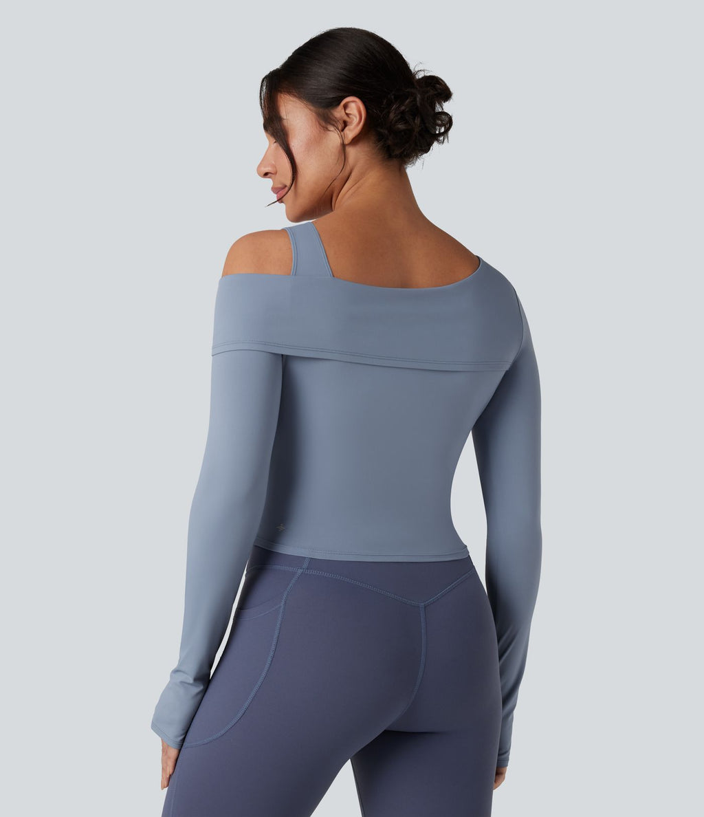 Top de sport yoga épaule asymétrique manches longues avec trous pouces