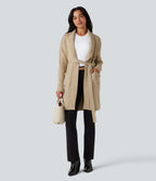 Cardigan long col tailleur ceinturé manches longues avec poches