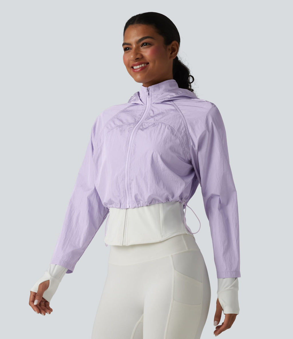 Veste de running 3-en-1 déperlante à capuche avec trous pour les pouces, ourlet arrondi et poches
