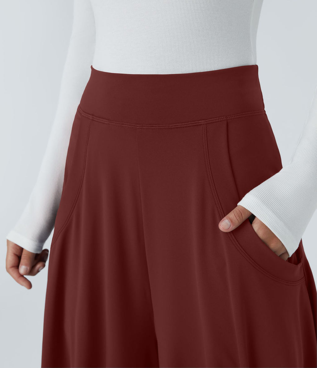 Pantalon décontracté drapé à poches multiples et taille moyenne, jambe large