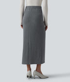 Jupe midi de bureau taille haute en maille côtelée