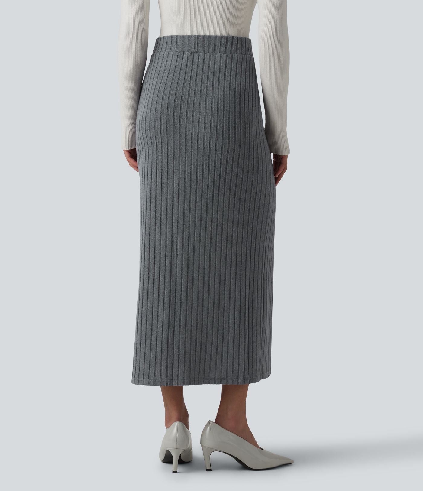 Jupe midi de bureau taille haute en maille côtelée