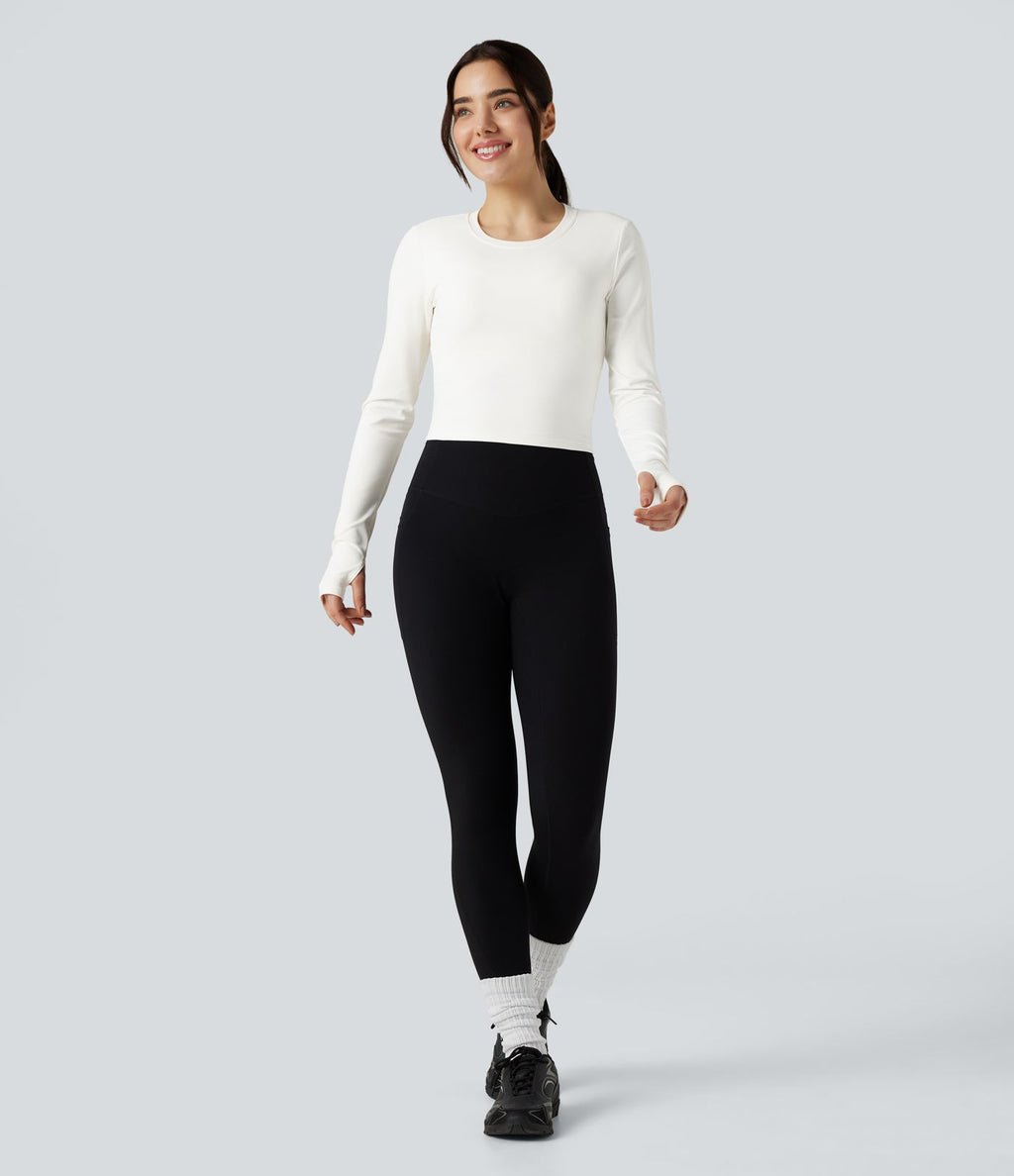 Top de sport yoga col rond dos nu torsadé manches longues avec trous pouces