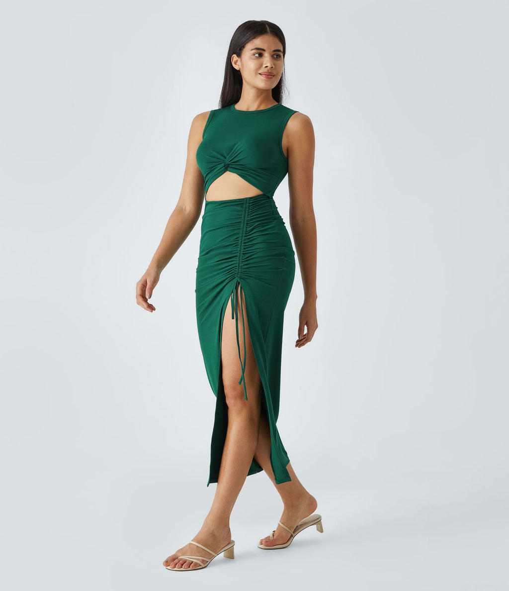 Robe Midi Casual Moulante  Ourlet Fendu Col Rond Découpes Torsadées Froncée Cordon Serrage