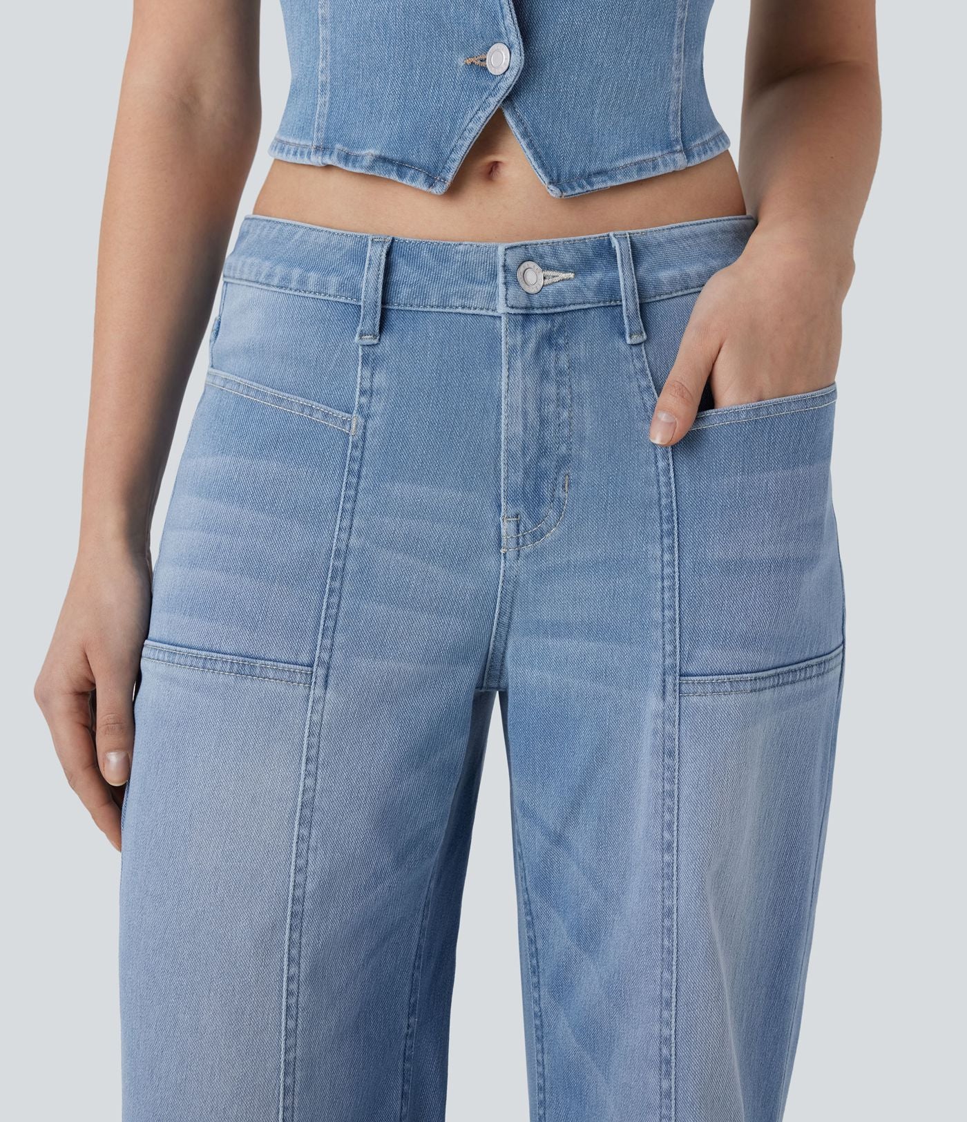Jean bootcut délavé Halara Flex™ taille basse à poches multiples et fermeture zippée