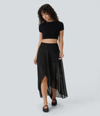 Jupe Longue Fluide Taille Haute à Volants 2 en 1 Poche Latérale Évasée en Mesh Casual Quotidien