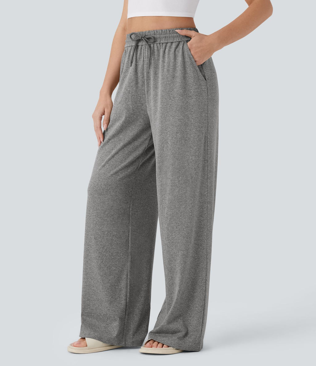 Pantalon large décontracté taille haute avec cordon de serrage et poches latérales