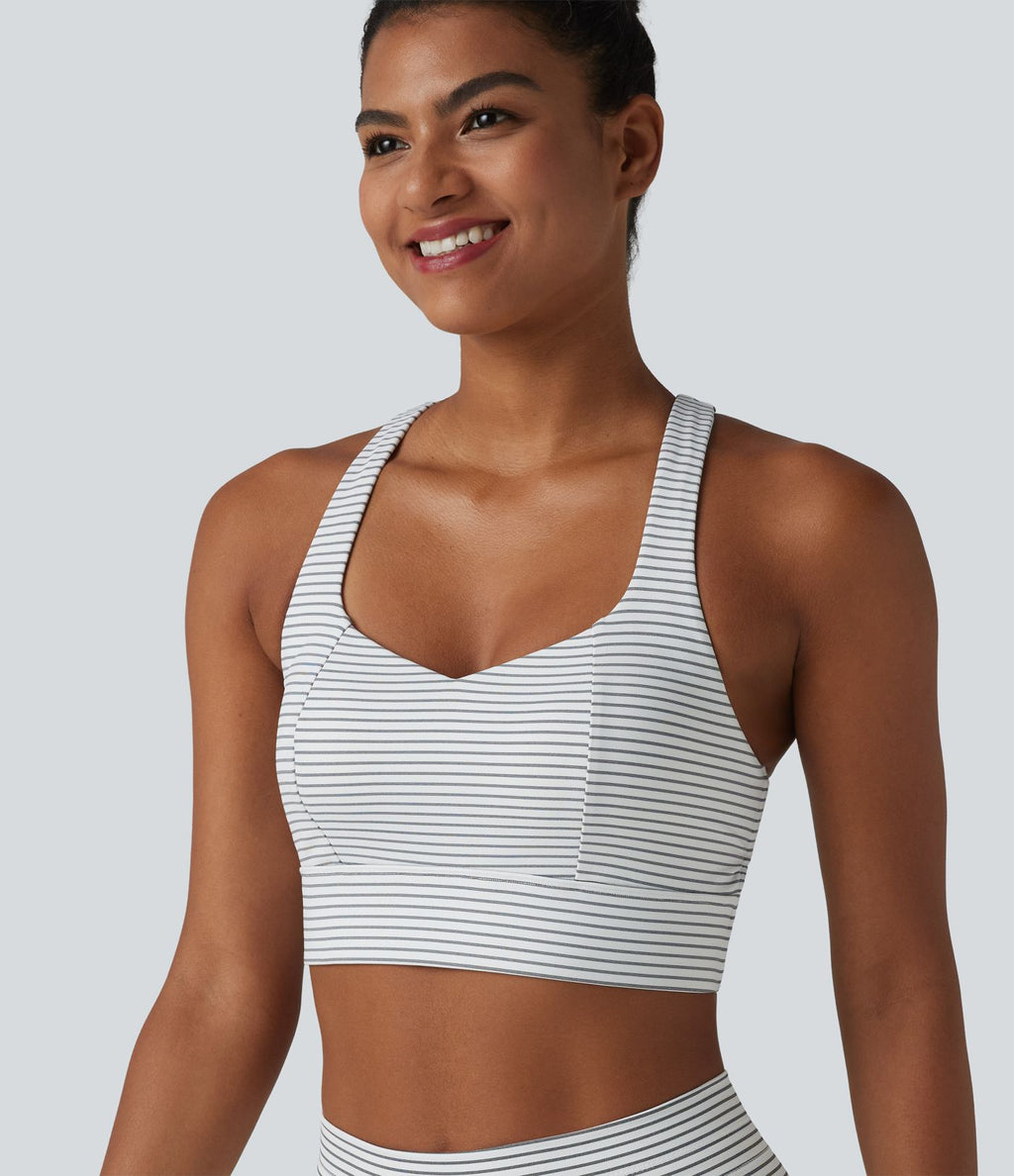 Brassière de sport yoga à rayures dos nageur croisé maintien léger avec soutien-gorge intégré