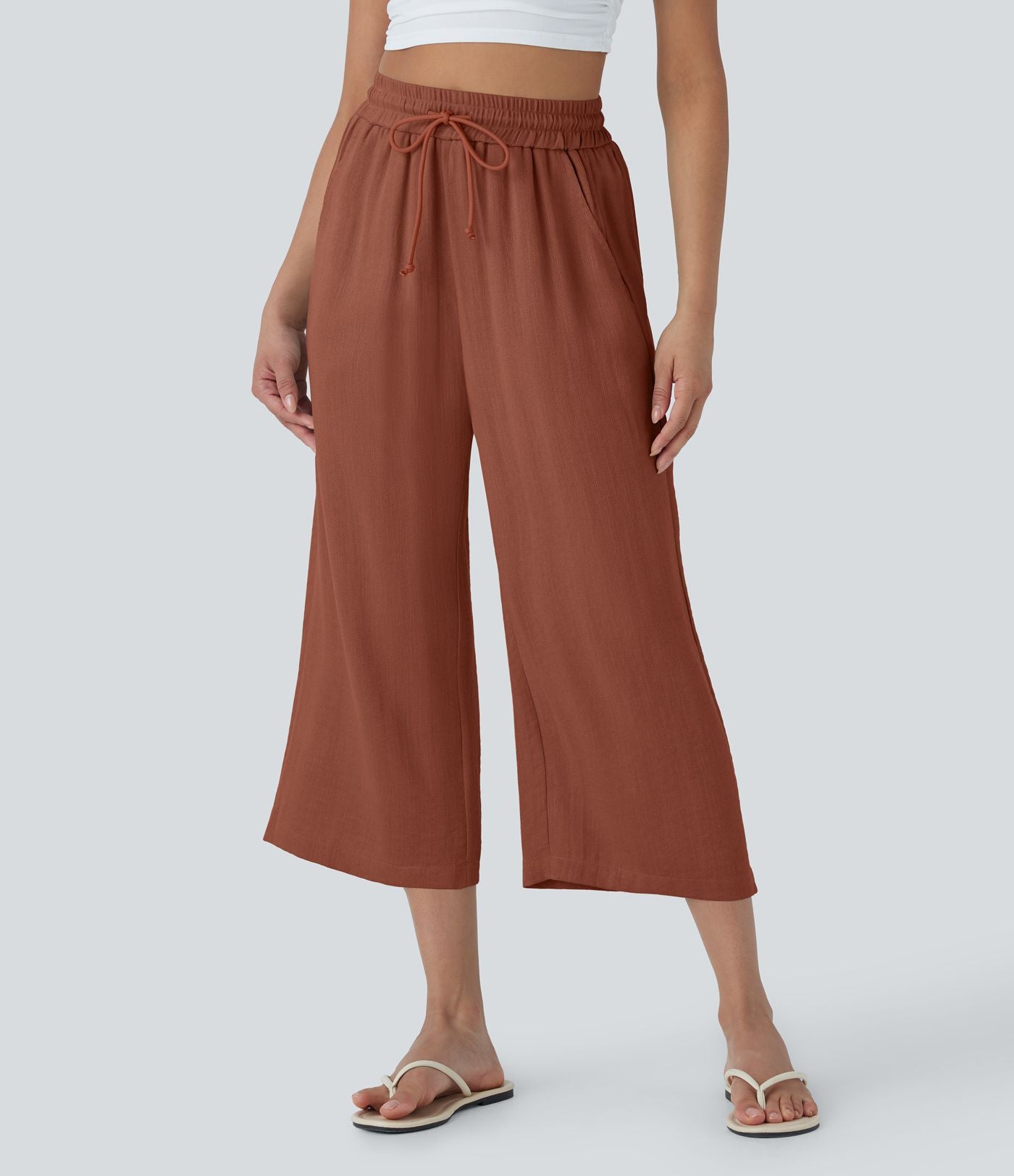 Pantalon décontracté aspect lin 7/8 à taille haute, jambe large avec cordon de serrage et poches latérales