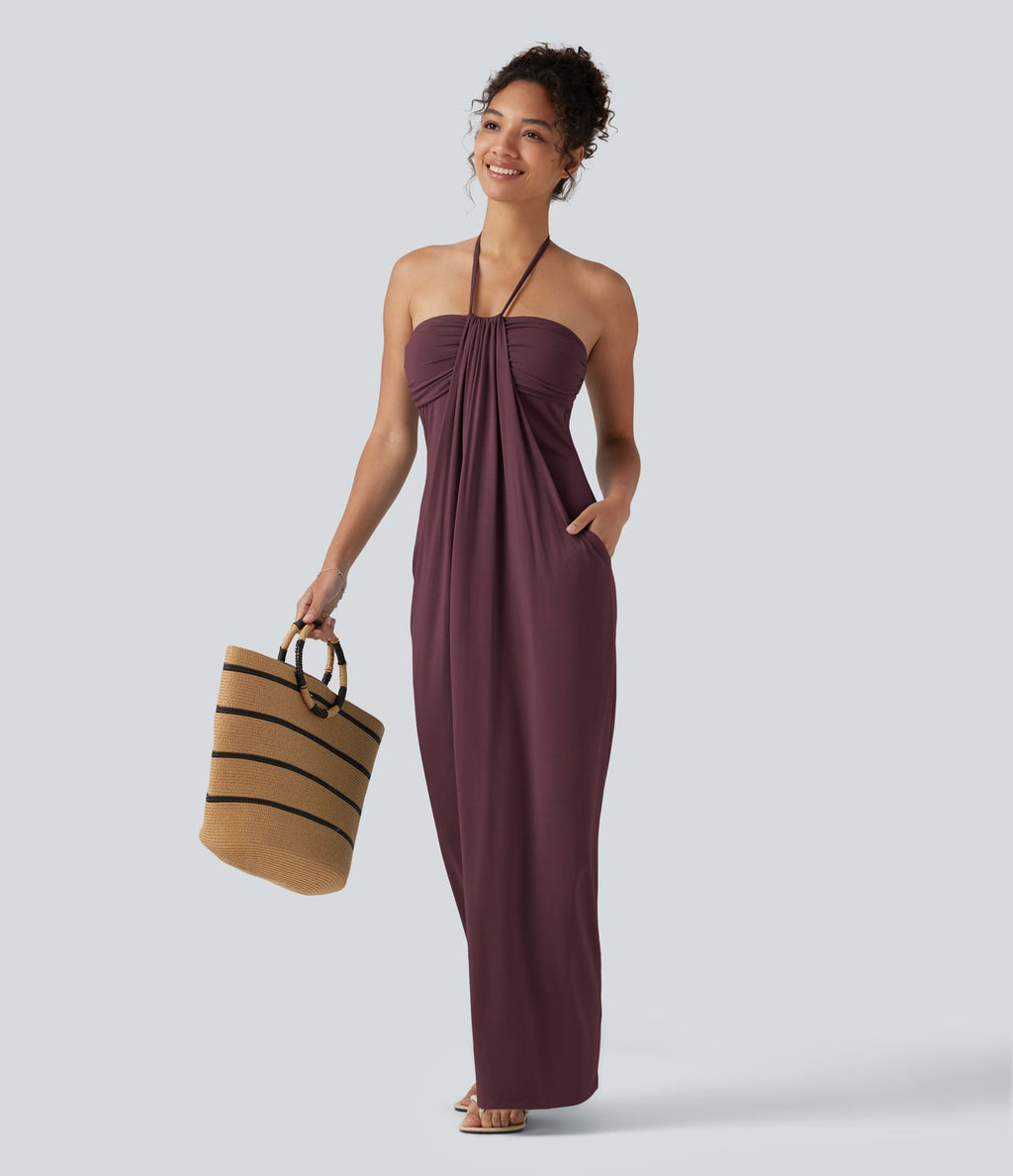 Robe longue dos nu à nouer avec soutien-gorge intégré et poches