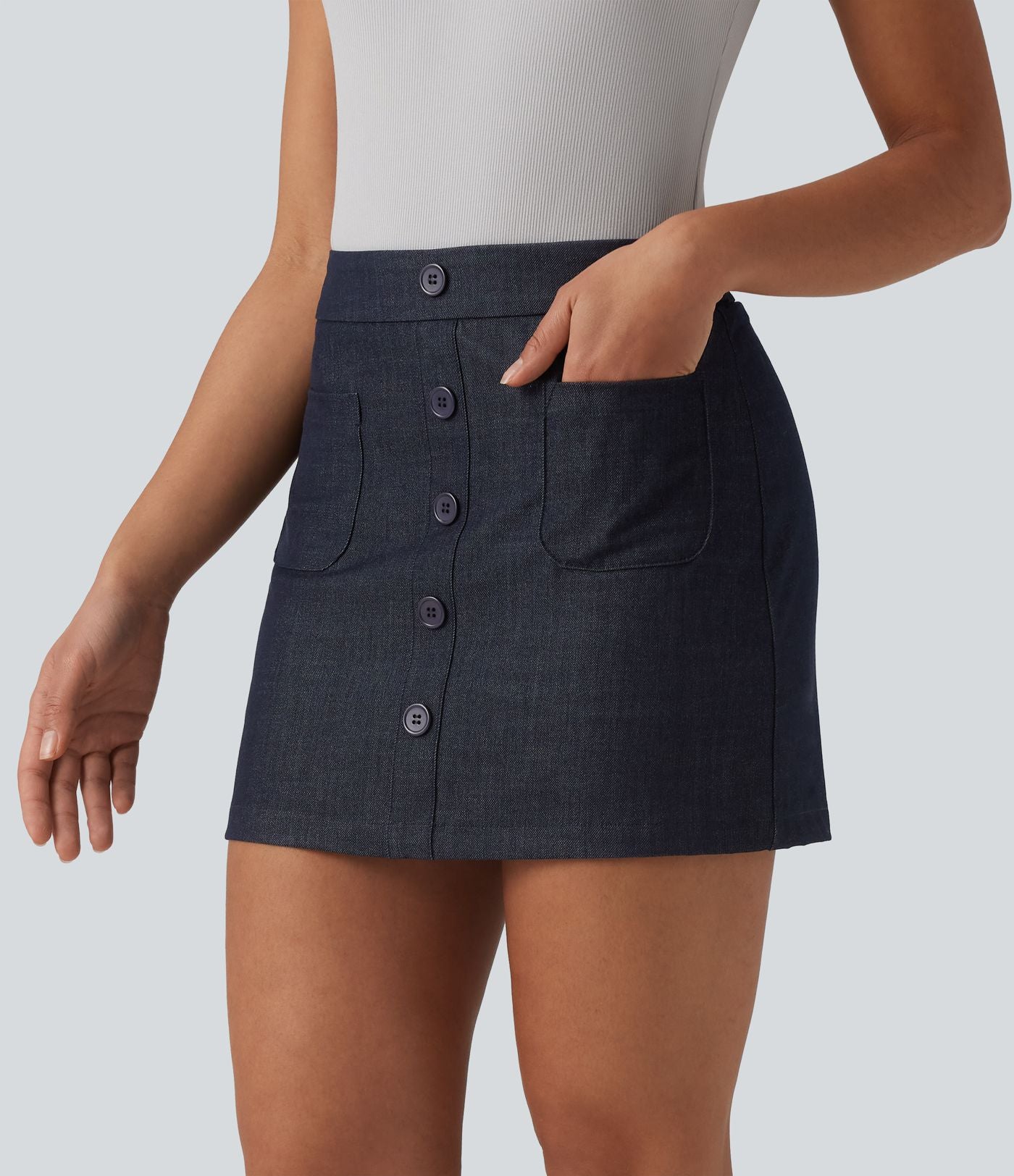 Jupe mini casual 2-en-1 moulante taille haute effet denim avec fermeture éclair invisible et poches