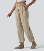 Jogging casual large ample taille haute aspect lin à cordon de serrage avec poches