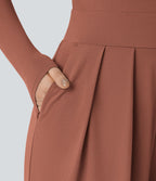 Combinaison Casual à Manches Longues Décolleté en V et Dos Nu Avec Poches Latérales Plissées et Jambes Larges