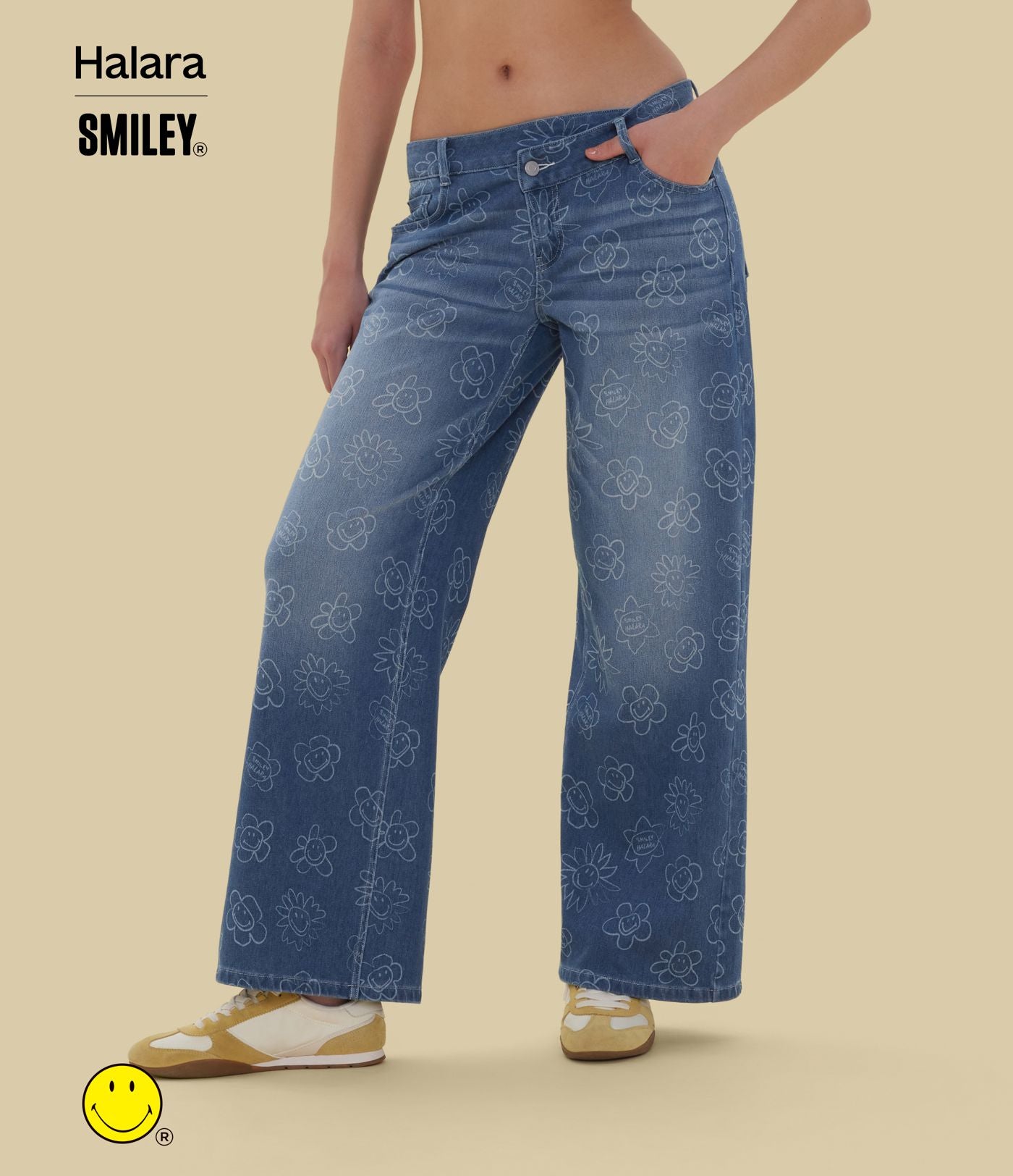 Halara X Smiley® Halara Flex™ Jean large décontracté asymétrique taille basse en lyocell délavé avec poches