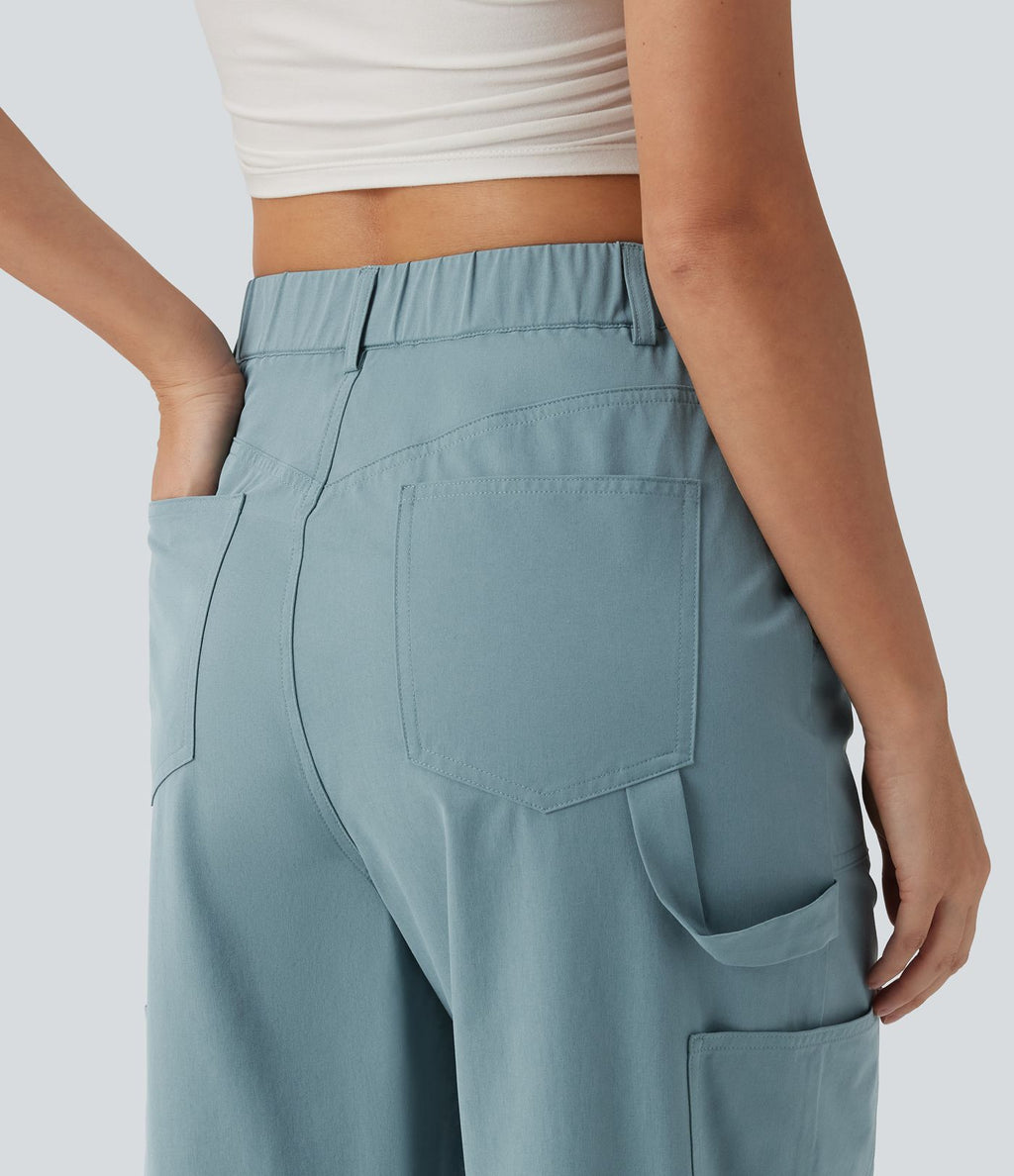 Pantalon cargo casual en popeline extensible coupe droite taille haute avec poches